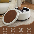 WUTUTUEE 30Inch Round Storage Ottoman with Tray, Modern Tufted Fabric Circle Coffee Table with Storage, Upholstered Ottoman with Removable Top for Living Room, Bedroom, Beige