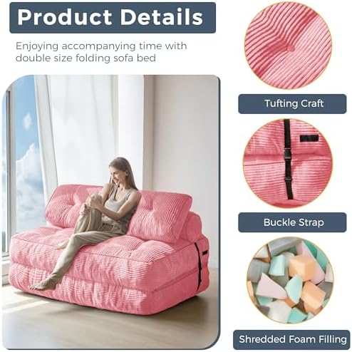 MAXYOYO Folding Sofa Bed, Convertible Chair Bed with Pillow | Foldable Couch with Back Support, Portable Fold Out Chair Comfy Floor Sofa for Living Room Bedroom, Pink, Double