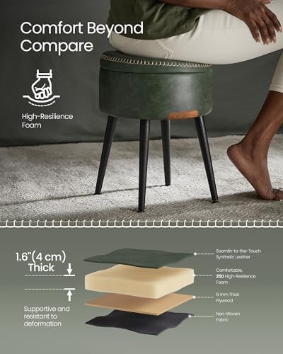 VASAGLE Storage Ottoman, Synthetic Leather Round Seat with Steel Legs | Vanity Chair Stool, with Stitching, Transitional, Loads 150 kg, Forest Green and Matte Black, EKHO Collection ULOM005C01