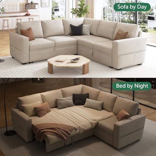 HONBAY Modular Sectional Sleeper Sofa with Pull Out Bed, L Shaped Couch with Storage Seat, Convertible Sectional Couches for Living Room, Beige