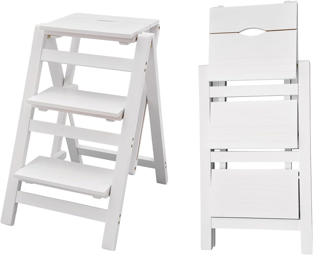 3-Step Ladder Chair Folding Step Stool Chair 22.44" L x 16.33" W x 25.6" H 220 LBS Load Capacity White Pinewood Counter Chairs for Kitchen Bedroom Living Room Warehouse, Space Saving