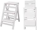 3-Step Ladder Chair Folding Step Stool Chair 22.44" L x 16.33" W x 25.6" H 220 LBS Load Capacity White Pinewood Counter Chairs for Kitchen Bedroom Living Room Warehouse, Space Saving