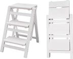 3-Step Ladder Chair Folding Step Stool Chair 22.44" L x 16.33" W x 25.6" H 220 LBS Load Capacity White Pinewood Counter Chairs for Kitchen Bedroom Living Room Warehouse, Space Saving