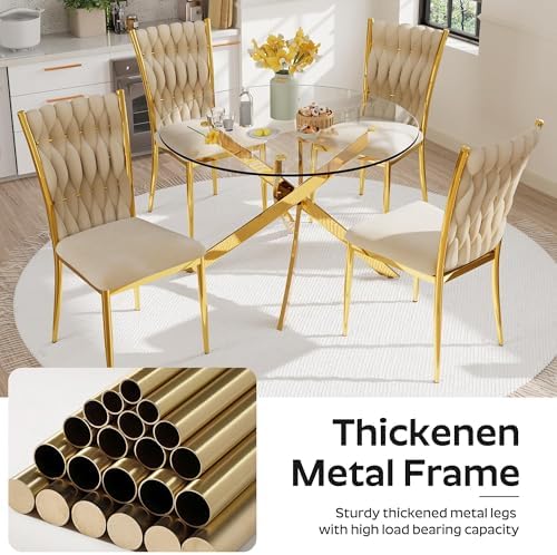Modern Dining Chairs Set of 4, Beige Velvet Woven Kitchen Chair with Golden Metal Legs, Upholstered Cushion & High Back Design, Mid-Century Dining Chairs for Kitchen, Living Room