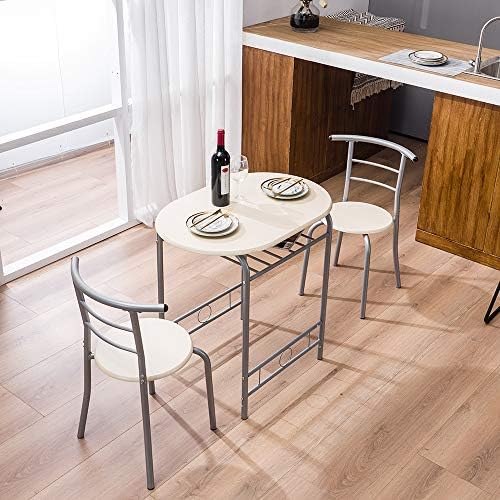 VINGLI 3 Piece Dining Set, Small Kitchen Table Set for 2, Breakfast Table Set, Kitchen Wooden Table with 2 Chairs for Small Space/Dining Room/Apartment, Metal Frame, Wine Rack, Beige