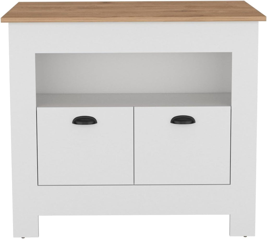 Kitchen Island Two Door Cabinet and Shelf in Multicolor | Includes two cabinet doors and a shelf for storage
