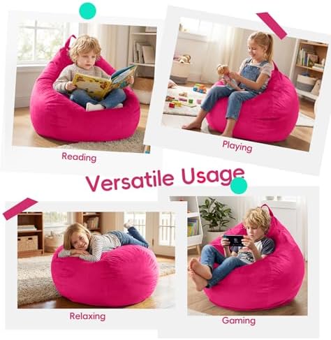 fond + found Small Bean Bag Chairs 2FT Comfy BeanBag Chair Velvet Fabric | Memory Foam,Washable Cover,Storage Pocket,Handle,Cozy BeanBag for Classroom Reading Bedroom Nook Gaming Lounging | Pink 2FT