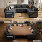 Vipbear 8 Seat U Shaped Modular Sectional Sleeper Sofa with Pull Out Bed/Reclining Backrest/USB Ports/Table/LED Light/Storage Seat, Sectional Sleeper Couch, Tool-Free Assembly, Chenille Black