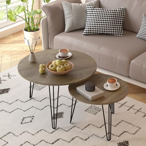 Small Round Nesting Coffee Table Set of 2 for Living Room, 27.56 inch Wood Modern Stacking Circle Coffee Table Side Table End Table with Metal Frame for Bedroom（Brown
