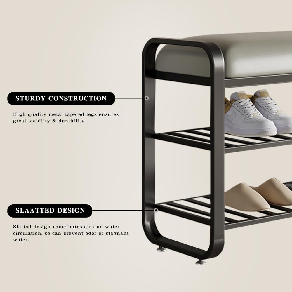 shoe bench,entryway bench with shoe storage,modern shoe rack bench with cushion upholstered padded seat 3 Tier metal shoe storage bench for entryway, hallway,front door (31.5*12.5*20.4, black)