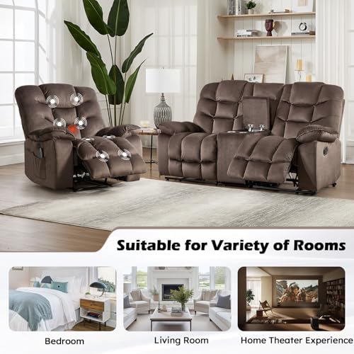 HAOMARKETS 3 Pieces Recliner Sofa Furniture Set, Include 2 Power Recliner Chairs with Message&Heat and a Manual Loveseat with Hidden Storage and Cup Holders for Living Room, Brown