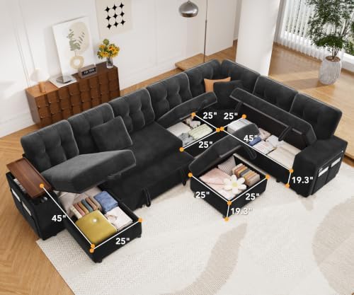 Vipbear 130" Modular Sectional Sleeper Sofa with Pull Out Bed, 9 Seat L Shaped Couch with Ottoman & Chaise/Reclining Backrest/Lift-Top Storage Arms/USB/LED Light/Tool-Free Assembly, Chenille Black