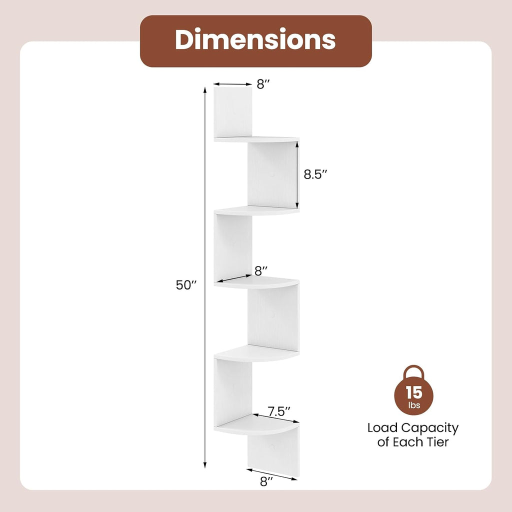 GIANTEX Corner Shelf Wall Mounted Set of 2, 5-Tier Floating Corner Bookshelf, Home Storage Organizer, Wooden Display Stand Rack for Wall, Plant Shelf for Living Room, Bedroom, Kitchen, White