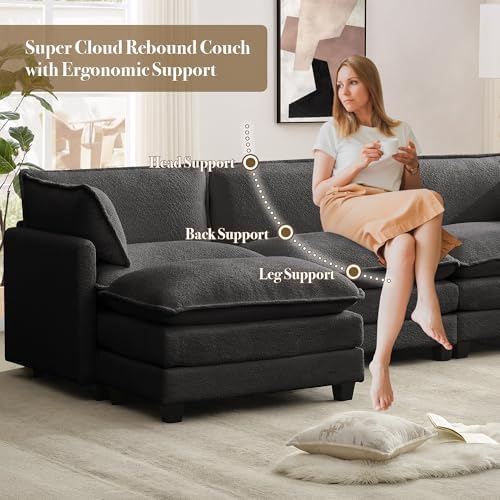 ROWHY 112'' Modular Sectional Cloud Couch with Movable Ottoman, 4 Seat Modern Chenille Sofa, Deep Seat L Shaped Couch for Living Room Bedroom Apartment, Grey | Sturdy Frame
