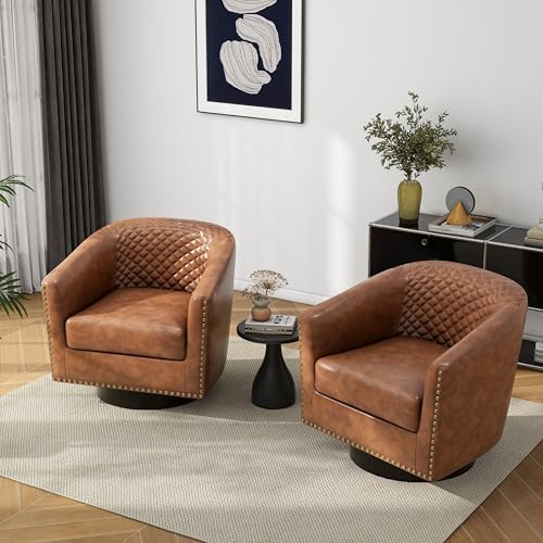 Pia Ricco Swivel Barrel Accent Chairs Set of 2, 360° Swivel Round Single Sofa Chair, Faux Leather Comfy Upholstered Club Armchair with Nailhead Trim for Living Room/Reading Room/Bedroom, Brown