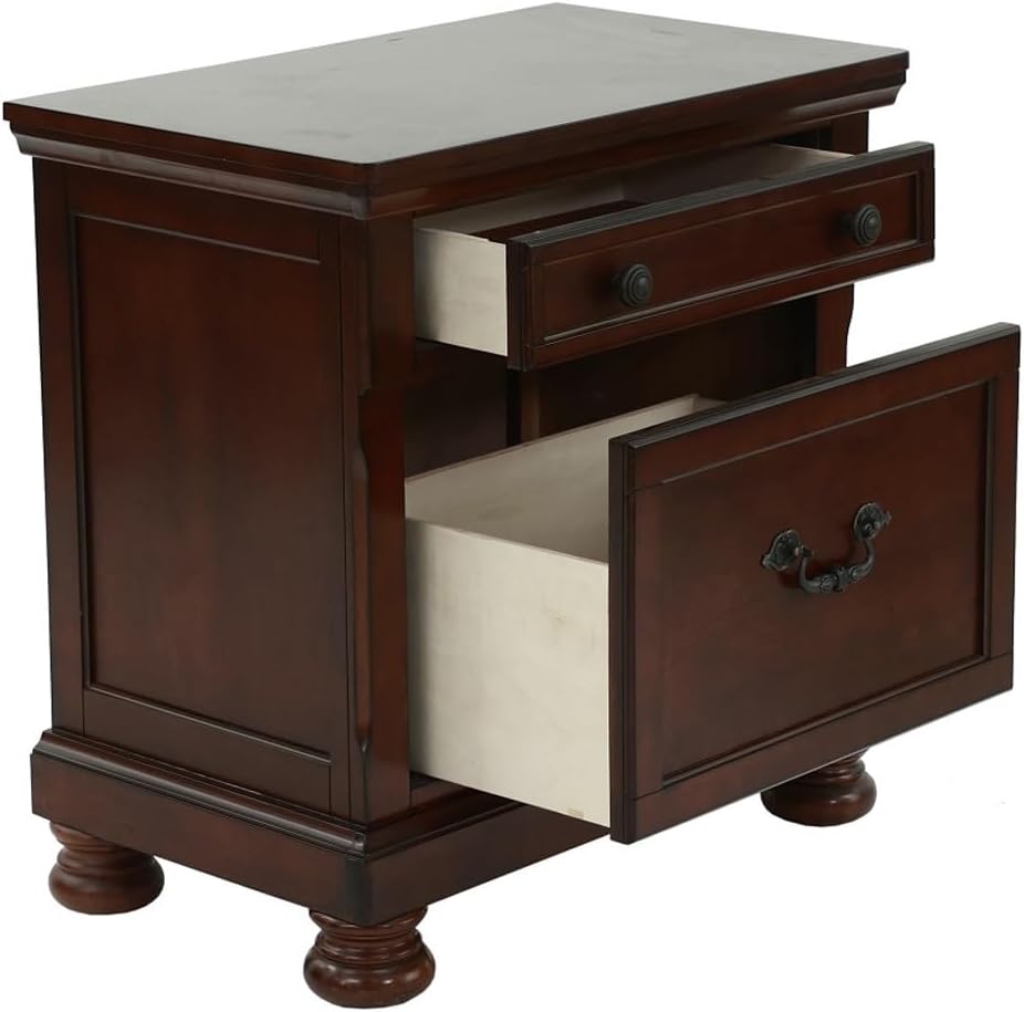 Rubber Wood 2 Drawers Nightstand in Antique Cherry Finish ﻿,for Small Spaces