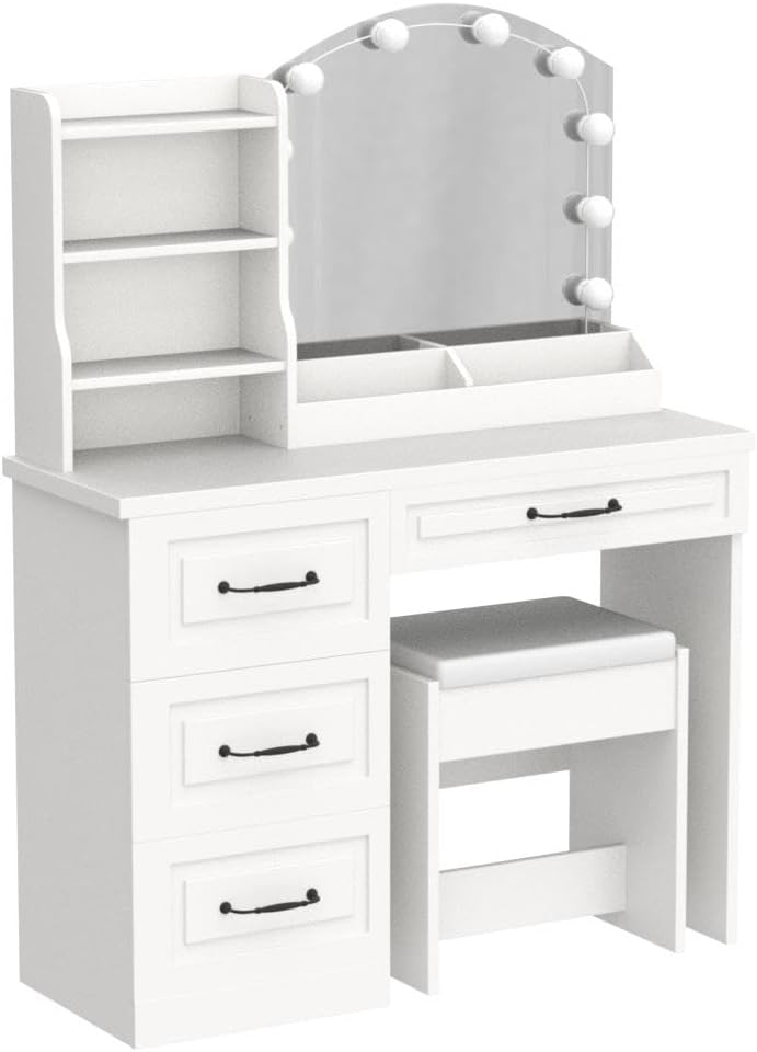 Vabches Vanity Desk with Mirror and Lights,Makeup Vanity Set for Bedroom | White Dressing Table 3 Lighting Colors, 4 Drawers
