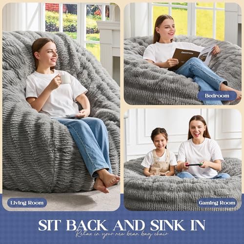 Hobestluk Bean Bag Chair Giant Beanbag Washable LivingRoom 3FT Grey Adult | Memory foam,Ergonomic Design,Breathable Detachable Cover,Removable,Easy Clean,2-Way-Use,No Assembly Required,Bedroom Dorm
