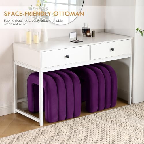 ONEVOG Velvet Pouf Ottomans, Small Ottoman Foot Rest for Couch, 18 Inch Cute Vanity Chairs for Makeup, Living Room Decorative, Sturdy Frame, Upholstered Modern Footrest for Bedroom, Dorm, Purple, 2Pcs
