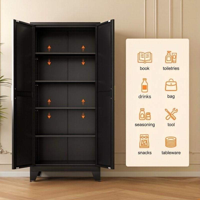 LCAOPC 71" Tall Metal Storage Cabinet with 2 Doors and 4 Adjustable Shelves, 5-Tier Kitchen Pantry Storage Cabinet for Kitchen, Living Room, Dining Room and Office, Black