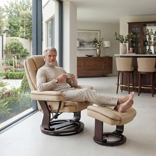 Swivel Recliner Chair with Ottoman Reclining Lounge Sofa Footrest, Set of 1 | 360°Sturdy Wood Base, Soft Faux Leather, Upholstered Ultra-Plush Foam, Modern Armchair, Living Room Bedroom Office Reading