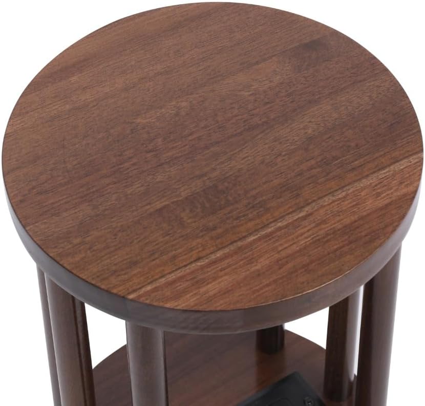 9 x25 Fully Assembled Walnut Wood Round Drink Table with Charging Station, Mid-Century Modern Circle Wood Accent Pedestal Table for Living Room or Small Bedroom Nightstand