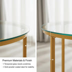 Round Nesting Coffee Table Set of 2, Glass Stacking Minimalist End Table | Modern Marble Pattern Wooden Nesting Tables for Living Room Bedroom Small Space, Clear Tempered Glass and Gold Leg