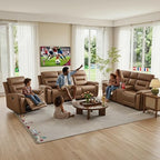 ANJ 3-Piece Power Recliner Sofa Set with Charging Ports, Include Single Recliner Chair, 2-Seater Loveseat with Hidden Storage & Cup Holders and 3-Seater Reclining Couch for Living Room, Brown