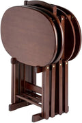 Pemberly Row 5-Piece Solid Wood Snack Table Set, Oval Shape, Cappuccino Finish, Includes Storage Stand, Portable Folding Tables for Living Room or Home Office