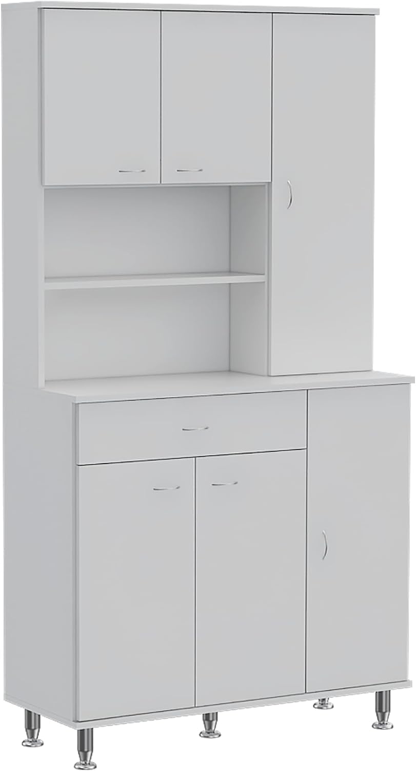 90 Kitchen Pantry Cabinet, Two Open Shelves, One Drawer, Multiple Cabinets, White