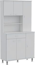 90 Kitchen Pantry Cabinet, Two Open Shelves, One Drawer, Multiple Cabinets, White
