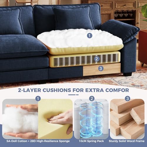 CDCASA 154" Modular Sectional Sofa, Comfy Cloud Couch with 4 Movable Ottomans, Oversized 8-Seater Chenille Deep Seat Sofa Bed for Living Room,Bedroom, Blue