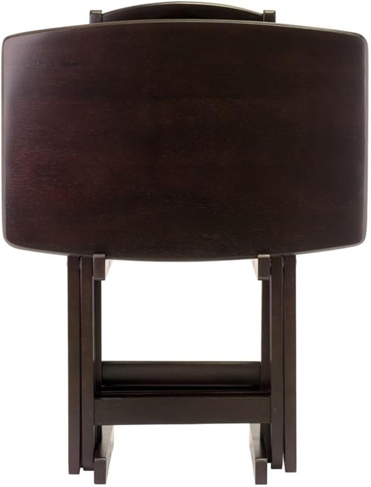 MAKLAINE 5-Piece Oversized Solid Wood Snack Table Set, Espresso Finish, Foldable Tables with Storage Stand, Rounded Corners, Durable Construction, Compact Living Room Furniture for Meals and