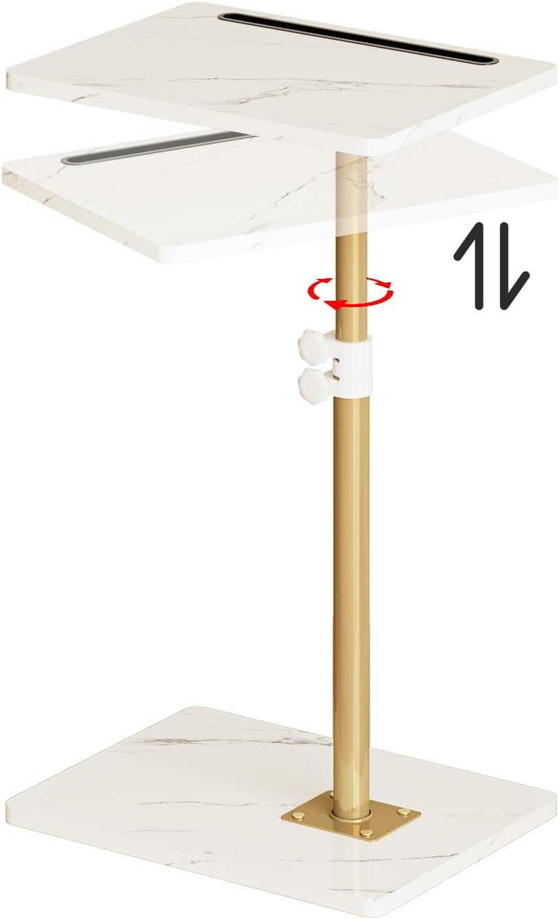 Masupu Sofa Arm Tray Table - 360° Swivel Height Adjustable End Table, Small Snack Side Table for Couch, C Shaped Table for Bed, Chair or TV Tray Table(Marble White and Gold)