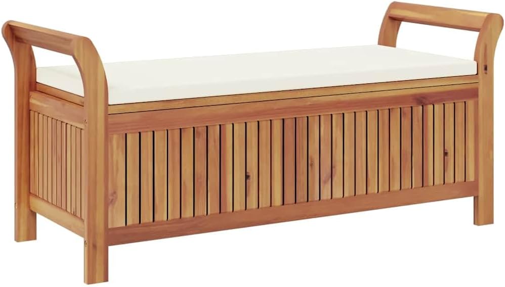 Outdoor Storage Bench with Cream Cushion, 49.6 Inch Acacia Wood Garden Seating with Under Seat Storage, Weather-Resistant Patio Entryway Furniture for Backyard Deck