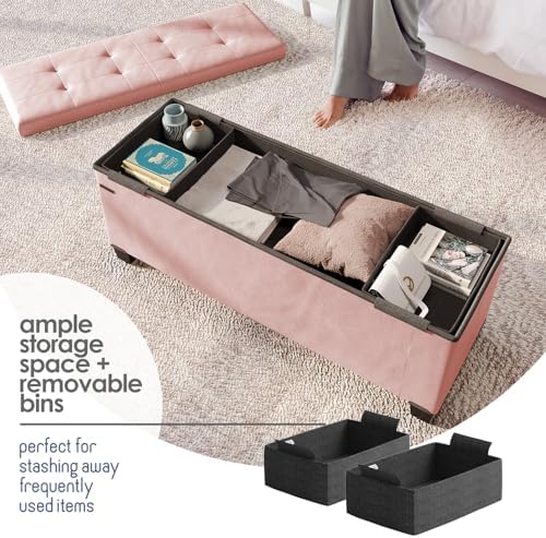 Storage Ottoman Bench with Bins, 43-in Storage Bench for Bedroom End of Bed, Folding Foot Rest Ottoman for Living Room Max 660lbs, Leather Ottomans, Pink