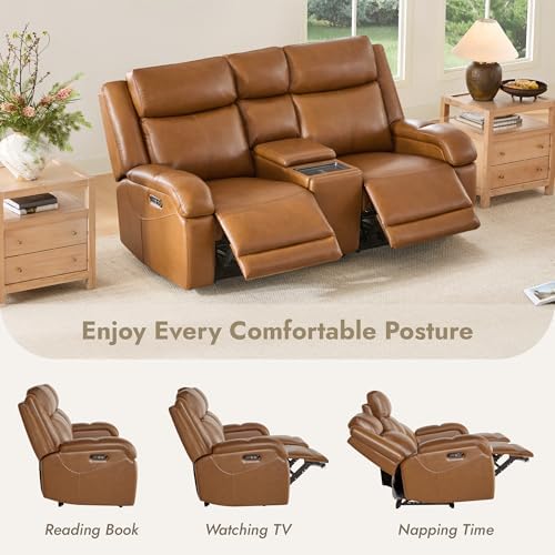 Watson & Whitely Genuine Leather Power Recliner Sofa & Loveseat Set, Saddle | Wall Hugger Reclining Sofas, Power Headrest, Center Storage Console, Charging Ports, Cup Holders, Living Room Furniture Set