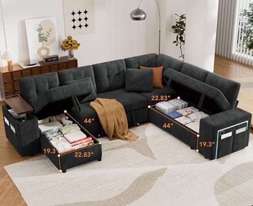 Vipbear 7 Seat Modular Sectional Sleeper Sofa with Pull Out Bed, L-Shaped Couch with Reclining Backrest, Lift Top Storage Chaise, USB LED Light, Tool-Free Assembly, Chenille Black