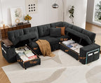 Vipbear 7 Seat Modular Sectional Sleeper Sofa with Pull Out Bed, L-Shaped Couch with Reclining Backrest, Lift Top Storage Chaise, USB LED Light, Tool-Free Assembly, Chenille Black