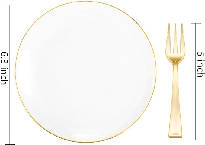 Festiva 200Pcs Gold Dessert Plates 6.3" with Forks 5"- Small Disposable Dessert/Cake/Appetizer Plates Plates- serve 100 guests include 100Plates 100Forks for Wedding Party&Thanksgiving&Christmas