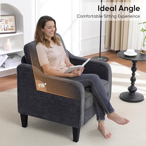 Accent Chair for Living Room, Mid Century Modern Reading Chair for Bedroom, Upholstered Armchair with Side Pockets, Comfy Single Sofa Side Chair for Office, Apartment, Small Room, Dark Grey