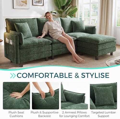 LINSY HOME 98'' Modular Sectional Sofa 3 Seat Couch Chenille Cloud Couch with Deep Seat, L Shaped Couch with 1 Movable Ottoman for Living Room, Office, Bedroom, Green(Pillows Included)