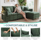 LINSY HOME 98'' Modular Sectional Sofa 3 Seat Couch Chenille Cloud Couch with Deep Seat, L Shaped Couch with 1 Movable Ottoman for Living Room, Office, Bedroom, Green(Pillows Included)