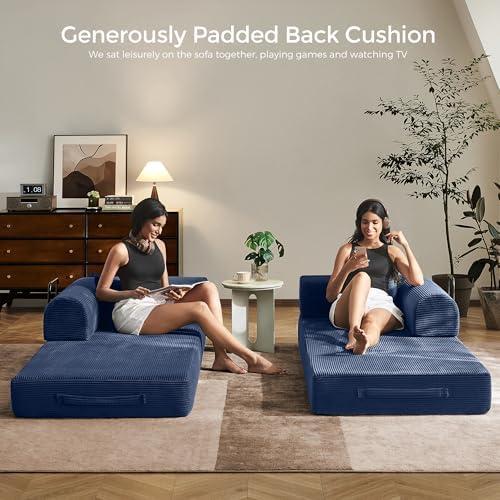 79" Convertible Futon Sofa Bed, Couch for Living Room | Blue | Folding Corduroy Sleeper Sofa, Modular Futon Couch with Fixed-Shape Frame, Pull Out Couch No Assembly