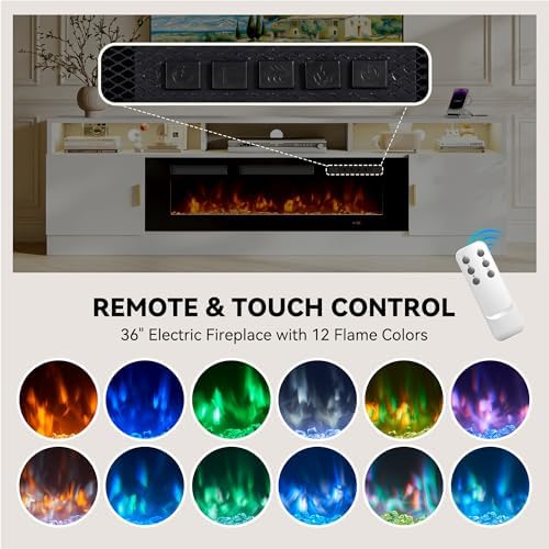 80" Fireplace TV Stand with Power Outlet, Electric Fireplace Entertainment Center with Storage Cabinets, Fits TVs up to 90", TV Console with LED Lights for Living Room, Office, White-Black