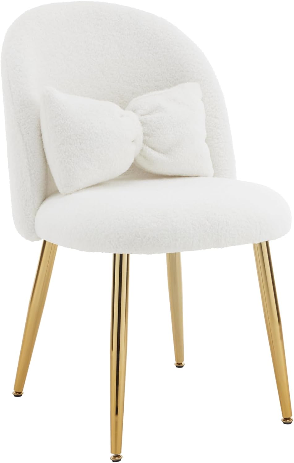 VINGLI Boucle Girls Vanity Chair with Back & Pillow,Cute Small Cozy Desk Chair No Wheels,Comfy Makeup Ch with Ajustable Gold Legs,for Bedroom,Living Room,Small Space,White