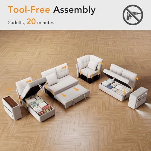 Vipbear 112" Modular Sectional Sleeper Sofa with Pull Out Bed, Chenille Modern 7 Seat L Shaped Couch with Reclining Backrest/LiftTop Storage Chaise Armrests/USB/LED Light/Tool-Free Assembly, Beige