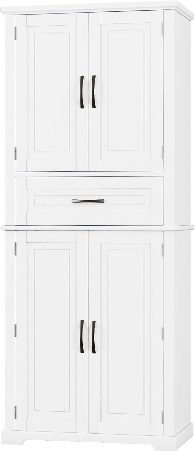 72 Inch Storage Cabinet, Tall Kitchen Pantry Cabinet with Slide Rails Drawer and Adjustable Shelf, Linen Storage Cabinet with Doors and Functional Storage Rack, for Bathroom or Kitchen, White