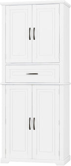 72 Inch Storage Cabinet, Tall Kitchen Pantry Cabinet with Slide Rails Drawer and Adjustable Shelf, Linen Storage Cabinet with Doors and Functional Storage Rack, for Bathroom or Kitchen, White