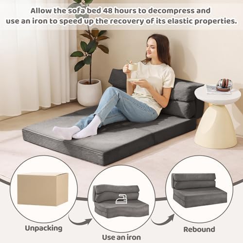JUIKURY Folding Sofa Bed, Convertible Sleeper Chair with Pilow Foldable Matress, 2 in 1 Pull Out Loveseat Sofa Portable Fold Out Chair Bed Floor Couch Lounge for Living Room Bedroom (Grey, Queen)